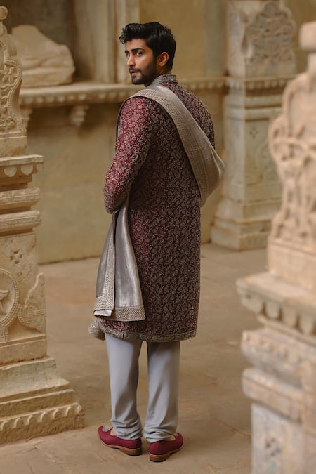 Shop_Nitika Gujral_Burgundy Silk, Modal, Satin Embroidery, Beads, Sequins, Tonal Sherwani Set _Online_at_Aza_Fashions