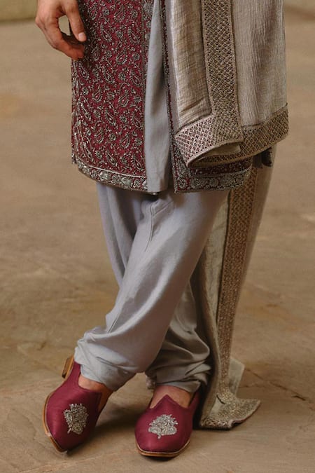 Buy_Nitika Gujral_Burgundy Tissue, Silk, Modal, Satin Embroidery, Beads, Tonal Sherwani Set _Online_at_Aza_Fashions