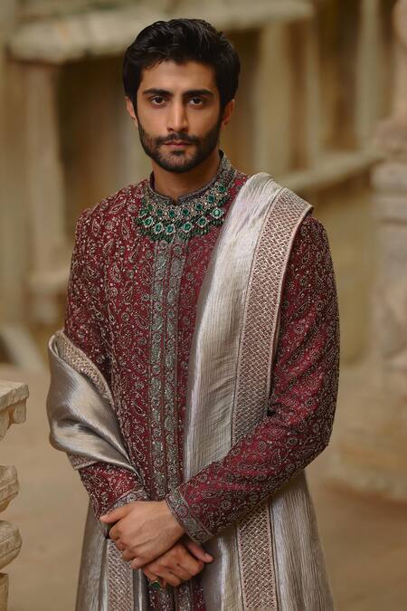 Nitika Gujral_Burgundy Tissue, Silk, Modal, Satin Embroidery, Beads, Tonal Sherwani Set _at_Aza_Fashions
