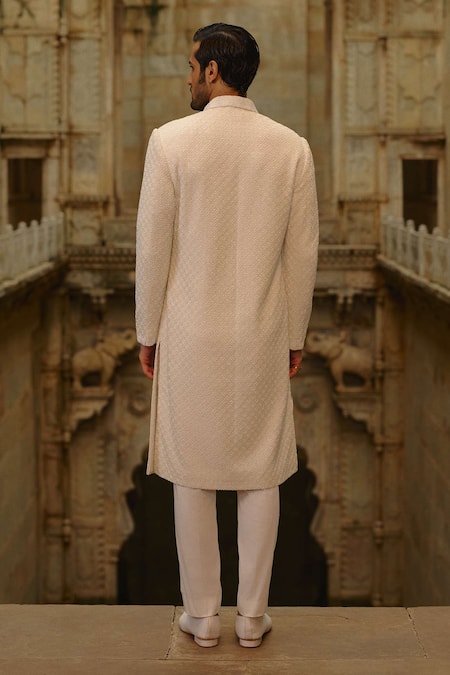Nitika Gujral_Ivory Silk, Cotton Embroidery, Beads, Metallic Thread Tonal Sherwani Set _Online_at_Aza_Fashions