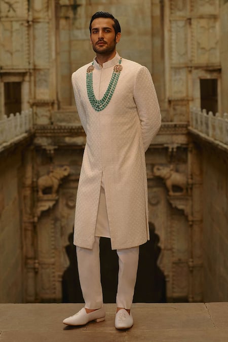 Shop_Nitika Gujral_Ivory Silk, Cotton Embroidery, Beads, Metallic Thread Tonal Sherwani Set _Online_at_Aza_Fashions