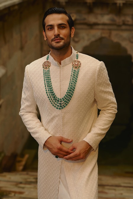 Nitika Gujral_Ivory Silk, Cotton Embroidery, Beads, Metallic Thread Tonal Sherwani Set _at_Aza_Fashions
