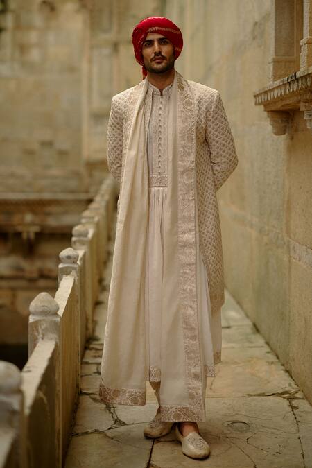 Buy Nitika Gujral Cream Silk, Chanderi, Cotton Embroidery, Zari Flower Butti Work Sherwani Set Online at Aza Fashions Buy_Nitika Gujral_Cream Silk, Chanderi, Cotton Embroidery, Zari Flower Butti Work Sherwani Set _Online_at_Aza_Fashions
