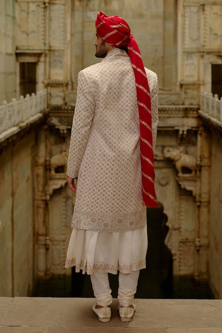Nitika Gujral Cream Silk, Chanderi, Cotton Embroidery, Zari Flower Butti Work Sherwani Set Online at Aza Fashions Nitika Gujral_Cream Silk, Chanderi, Cotton Embroidery, Zari Flower Butti Work Sherwani Set _Online_at_Aza_Fashions