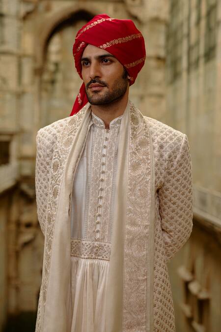 Shop Nitika Gujral Cream Silk, Chanderi, Cotton Embroidery, Zari Flower Butti Work Sherwani Set Online at Aza Fashions Shop_Nitika Gujral_Cream Silk, Chanderi, Cotton Embroidery, Zari Flower Butti Work Sherwani Set _Online_at_Aza_Fashions
