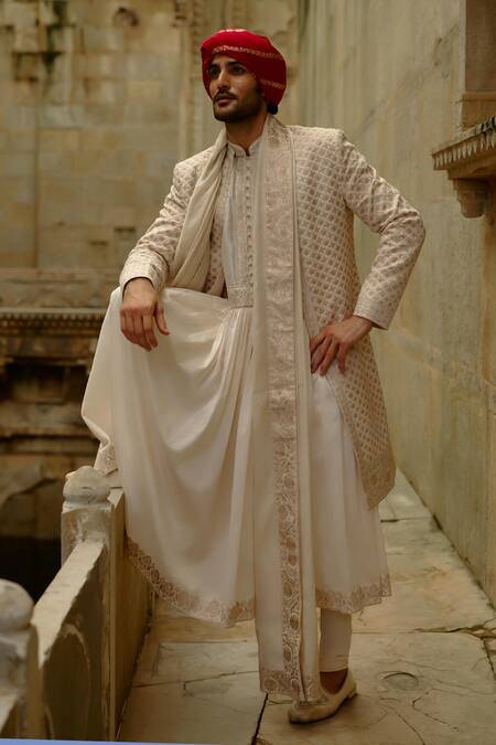 Buy Nitika Gujral Cream Silk, Chanderi, Cotton Embroidery, Zari Flower Butti Work Sherwani Set Online at Aza Fashions Buy_Nitika Gujral_Cream Silk, Chanderi, Cotton Embroidery, Zari Flower Butti Work Sherwani Set _Online_at_Aza_Fashions