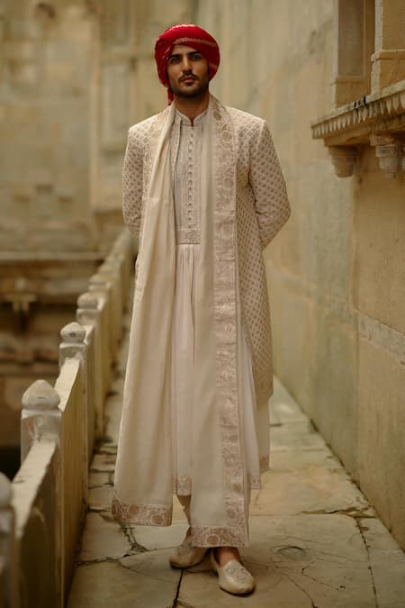 Nitika Gujral Cream Silk, Chanderi, Cotton Embroidery, Zari Flower Butti Work Sherwani Set 
