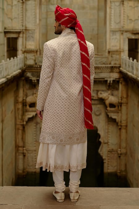 Nitika Gujral Cream Silk, Chanderi, Cotton Embroidery, Zari Flower Butti Work Sherwani Set Online at Aza Fashions Nitika Gujral_Cream Silk, Chanderi, Cotton Embroidery, Zari Flower Butti Work Sherwani Set _Online_at_Aza_Fashions