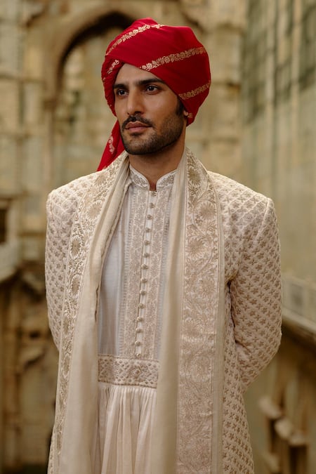 Shop Nitika Gujral Cream Silk, Chanderi, Cotton Embroidery, Zari Flower Butti Work Sherwani Set Online at Aza Fashions Shop_Nitika Gujral_Cream Silk, Chanderi, Cotton Embroidery, Zari Flower Butti Work Sherwani Set _Online_at_Aza_Fashions