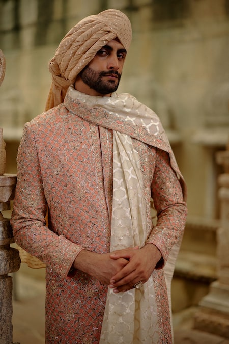 Nitika Gujral_Pink Silk, Cotton, Tissue, Organza Embroidery, Zari, Tonal Sherwani Set _Online_at_Aza_Fashions