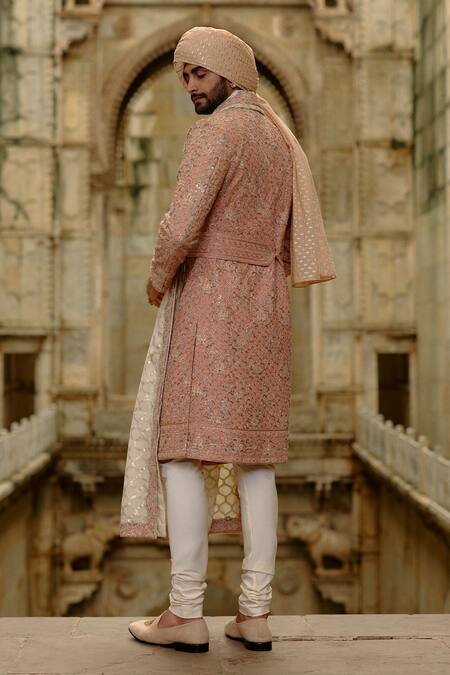 Buy_Nitika Gujral_Pink Silk, Cotton, Tissue, Organza Embroidery, Zari, Tonal Sherwani Set _Online_at_Aza_Fashions