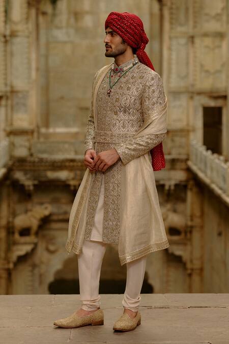 Shop Nitika Gujral Gold Brocade, Cotton, Silk Embroidery, Beads, Zari Floral Sherwani Set Online at Aza Fashions Shop_Nitika Gujral_Gold Brocade, Cotton, Silk Embroidery, Beads, Zari Floral Sherwani Set _Online_at_Aza_Fashions