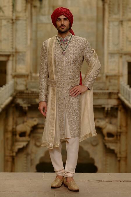 Shop Nitika Gujral Gold Brocade, Cotton, Silk, Tissue Embroidery, Beads, Floral Sherwani Set Online at Aza Fashions Shop_Nitika Gujral_Gold Brocade, Cotton, Silk, Tissue Embroidery, Beads, Floral Sherwani Set _Online_at_Aza_Fashions