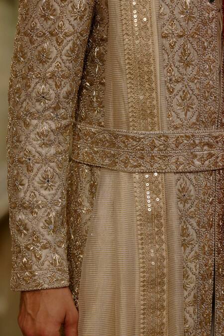 Buy Nitika Gujral Gold Brocade, Cotton, Silk, Tissue Embroidery, Beads, Floral Sherwani Set Buy_Nitika Gujral_Gold Brocade, Cotton, Silk, Tissue Embroidery, Beads, Floral Sherwani Set