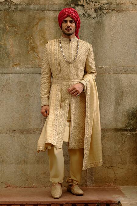 Nitika Gujral Gold Silk, Chanderi, Cotton Embroidery, Beads Tonal Sherwani Set at Aza Fashions Nitika Gujral_Gold Silk, Chanderi, Cotton Embroidery, Beads Tonal Sherwani Set _at_Aza_Fashions