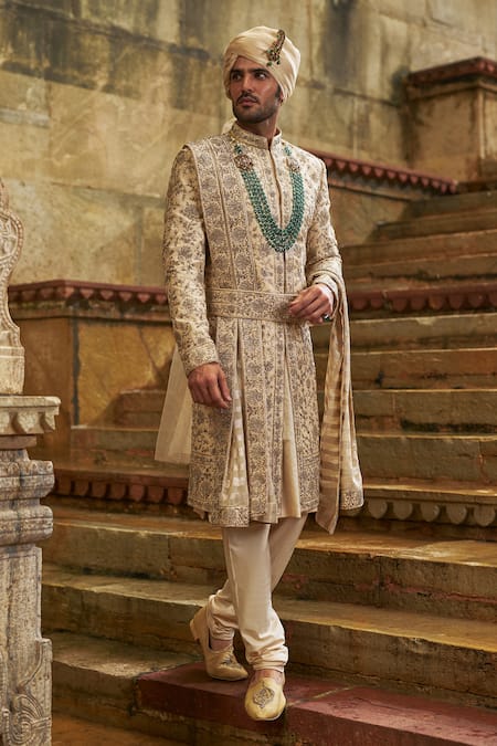 Shop Nitika Gujral Cream Taffeta, Silk, Cotton Metallic Thread, Embroidery, Floral Sherwani Set Online at Aza Fashions Shop_Nitika Gujral_Cream Taffeta, Silk, Cotton Metallic Thread, Embroidery, Floral Sherwani Set _Online_at_Aza_Fashions