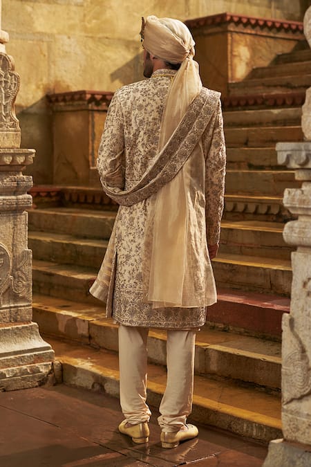 Nitika Gujral_Cream Taffeta, Silk, Cotton, Georgette Embroidery, Beads, Floral Sherwani Set _Online_at_Aza_Fashions