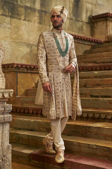 Buy_Nitika Gujral_Cream Taffeta, Silk, Cotton, Georgette Embroidery, Beads, Floral Sherwani Set _Online_at_Aza_Fashions