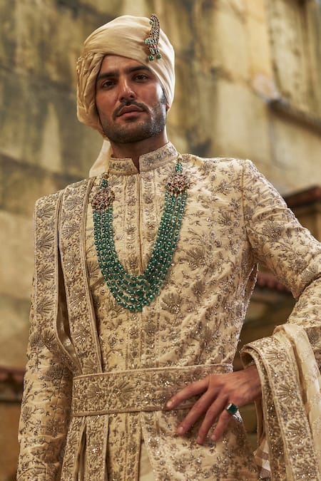 Nitika Gujral_Cream Taffeta, Silk, Cotton, Georgette Embroidery, Beads, Floral Sherwani Set _at_Aza_Fashions