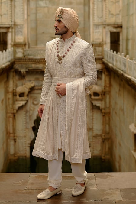 Nitika Gujral Beige Silk, Chanderi, Cotton Embroidery, Beads Tonal Sherwani Set 