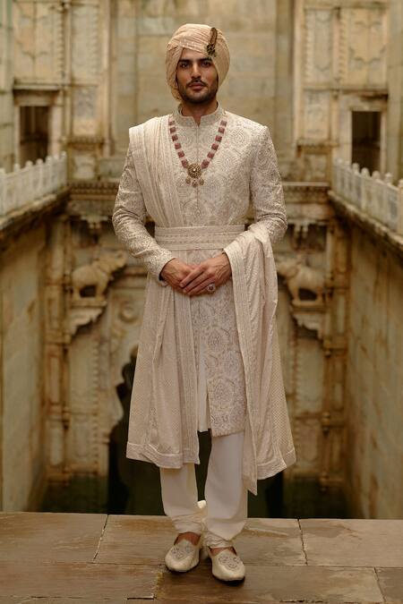 Buy Nitika Gujral Beige Silk, Chanderi, Cotton Embroidery, Beads Tonal Sherwani Set Online at Aza Fashions Buy_Nitika Gujral_Beige Silk, Chanderi, Cotton Embroidery, Beads Tonal Sherwani Set _Online_at_Aza_Fashions