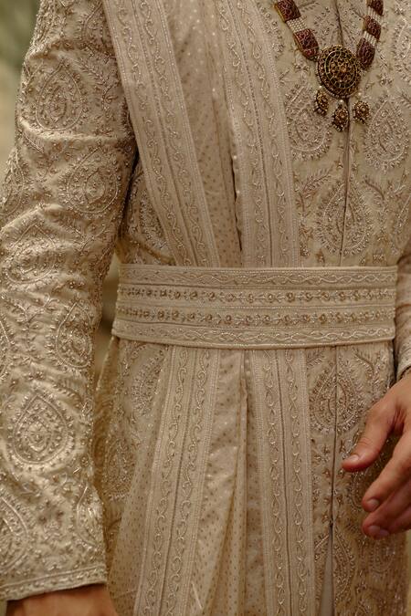 Shop Nitika Gujral Beige Silk, Chanderi, Cotton Embroidery, Beads Tonal Sherwani Set Online at Aza Fashions Shop_Nitika Gujral_Beige Silk, Chanderi, Cotton Embroidery, Beads Tonal Sherwani Set _Online_at_Aza_Fashions