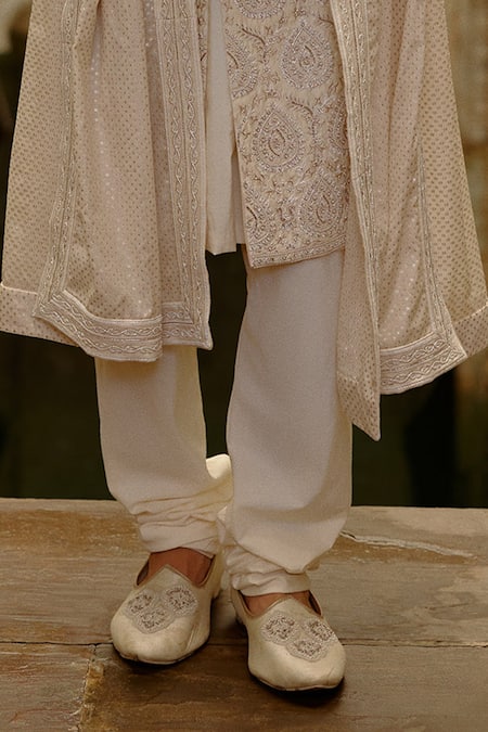 Buy_Nitika Gujral_Beige Silk, Cotton, Chanderi Embroidery, Beads Motif Sherwani Set _Online_at_Aza_Fashions