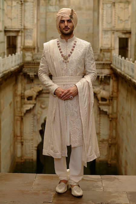 Nitika Gujral Beige Silk, Cotton, Chanderi Embroidery, Beads Motif Sherwani Set 