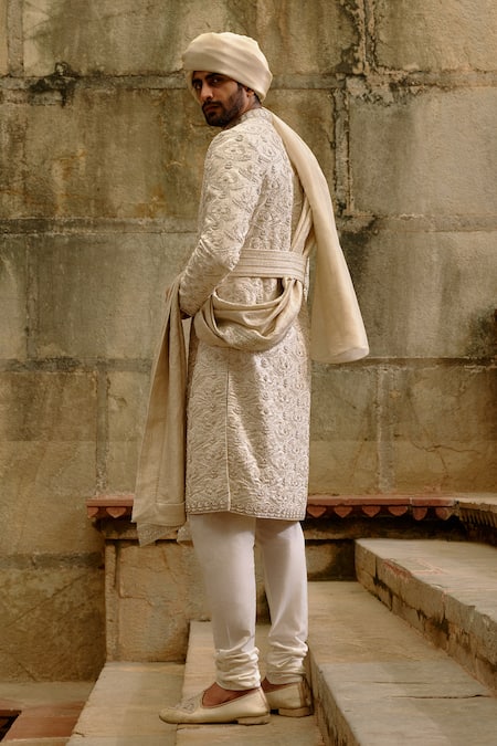 Buy_Nitika Gujral_Ivory Silk, Brocade, Cotton Embroidery, Beads, Pearls Tonal Sherwani Set _Online_at_Aza_Fashions