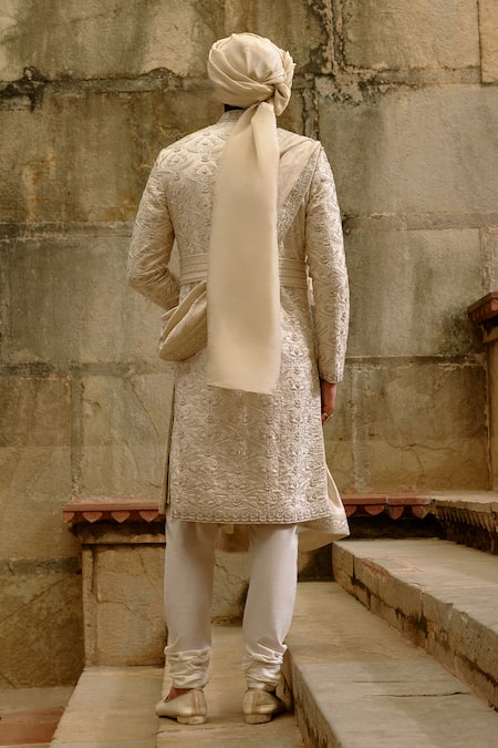 Shop Nitika Gujral Ivory Brocade, Silk, Cotton, Tissue Embroidery, Beads, Tonal Sherwani Set at Aza Fashions Shop_Nitika Gujral_Ivory Brocade, Silk, Cotton, Tissue Embroidery, Beads, Tonal Sherwani Set _at_Aza_Fashions
