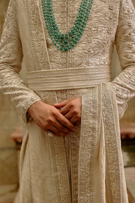 Buy Nitika Gujral Ivory Brocade, Silk, Cotton, Tissue Embroidery, Beads, Tonal Sherwani Set Online at Aza Fashions Buy_Nitika Gujral_Ivory Brocade, Silk, Cotton, Tissue Embroidery, Beads, Tonal Sherwani Set _Online_at_Aza_Fashions