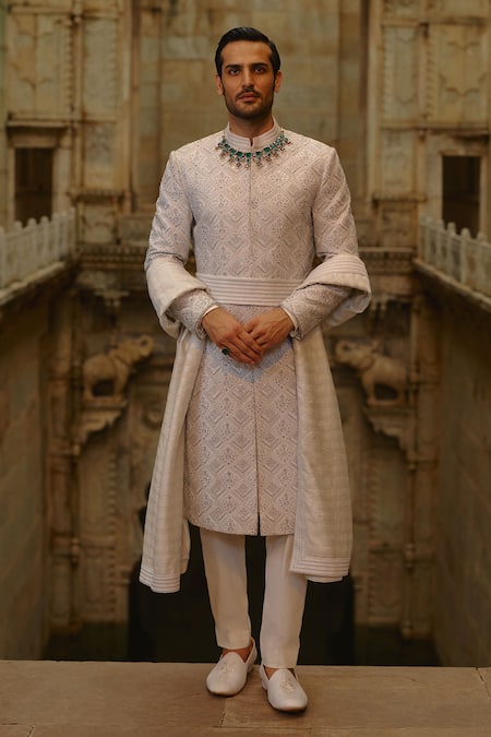 Nitika Gujral Gray Silk, Cotton, Lycra Zari, Sequins Geometric Work Sherwani Set