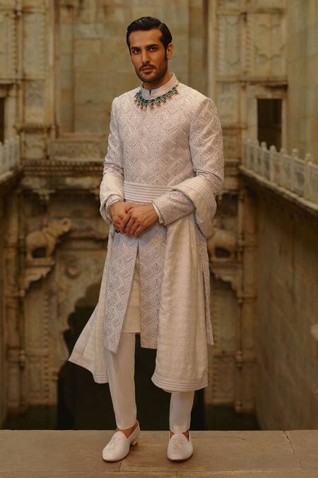 Buy_Nitika Gujral_Gray Silk, Cotton, Lycra Zari, Sequins Geometric Work Sherwani Set _Online_at_Aza_Fashions