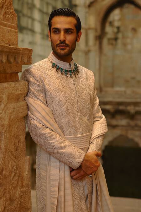 Shop_Nitika Gujral_Gray Silk, Cotton, Lycra Zari, Sequins Geometric Work Sherwani Set _Online_at_Aza_Fashions