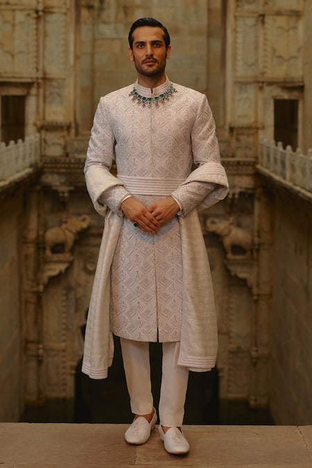 Nitika Gujral Gray Silk, Cotton, Lycra Embroidery, Sequins Geometric Work Sherwani Set