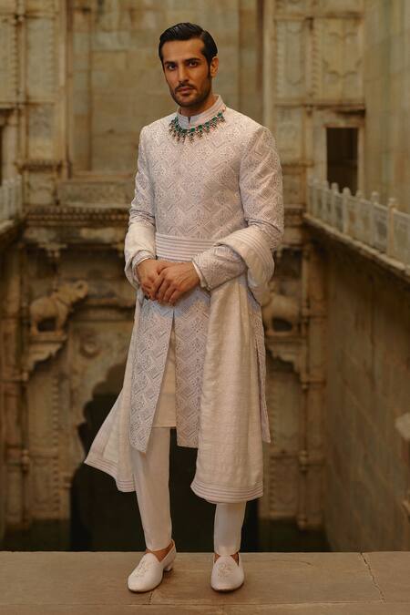 Shop_Nitika Gujral_Gray Silk, Cotton, Lycra Embroidery, Sequins Geometric Work Sherwani Set _Online_at_Aza_Fashions