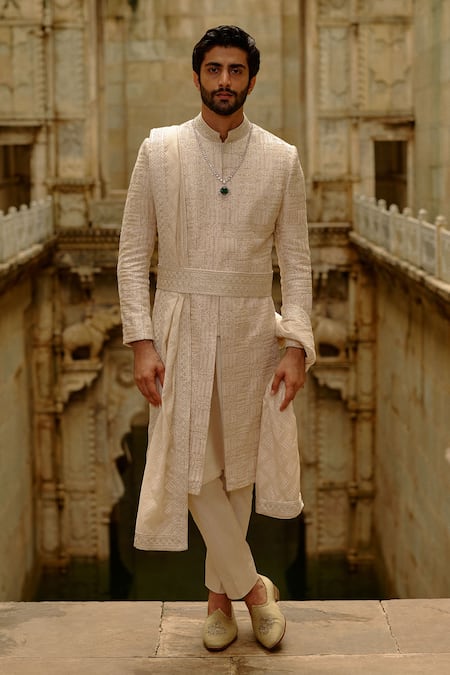 Nitika Gujral Beige Silk, Cotton, Lycra Embroidery, Metallic Geometric Work Sherwani Set