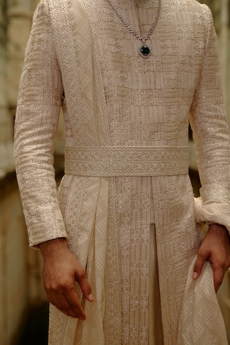 Shop Nitika Gujral Beige Silk, Cotton, Lycra Embroidery, Metallic Geometric Work Sherwani Set Online at Aza Fashions Shop_Nitika Gujral_Beige Silk, Cotton, Lycra Embroidery, Metallic Geometric Work Sherwani Set _Online_at_Aza_Fashions