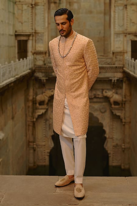 Buy_Nitika Gujral_Peach Silk, Cotton, Lycra Embroidery, Beads Tonal Sherwani Set _Online_at_Aza_Fashions