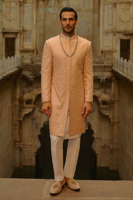 Nitika Gujral Peach Silk, Cotton, Lycra Embroidery, Beads Tonal Sherwani Set 