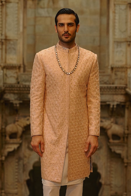 Shop_Nitika Gujral_Peach Silk, Cotton, Lycra Embroidery, Beads Tonal Sherwani Set _Online_at_Aza_Fashions