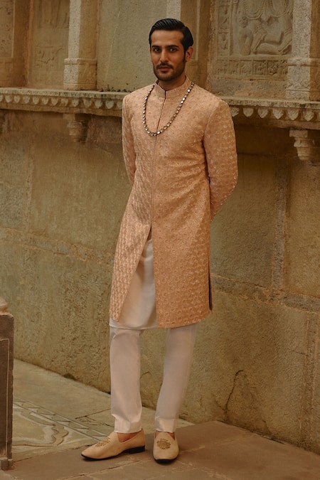 Nitika Gujral_Peach Silk, Cotton, Lycra Embroidery, Beads Tonal Sherwani Set _at_Aza_Fashions