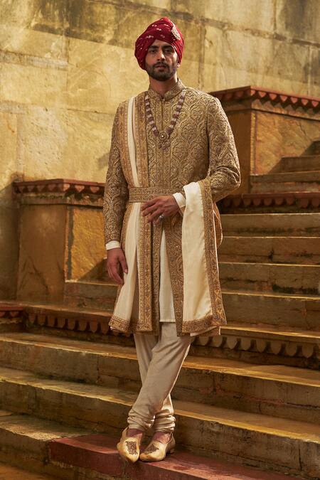 Buy_Nitika Gujral_Gold Dupion, Silk, Cotton Embroidery, Zari, Stones Motif Sherwani Set _Online_at_Aza_Fashions