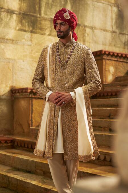 Buy_Nitika Gujral_Gold Dupion, Silk, Cotton Embroidery, Metallic Thread, Motif Sherwani Set _Online_at_Aza_Fashions