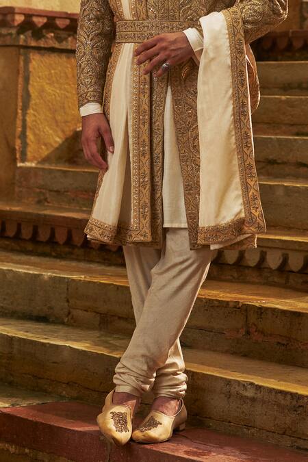 Shop_Nitika Gujral_Gold Dupion, Silk, Cotton Embroidery, Metallic Thread, Motif Sherwani Set _Online_at_Aza_Fashions