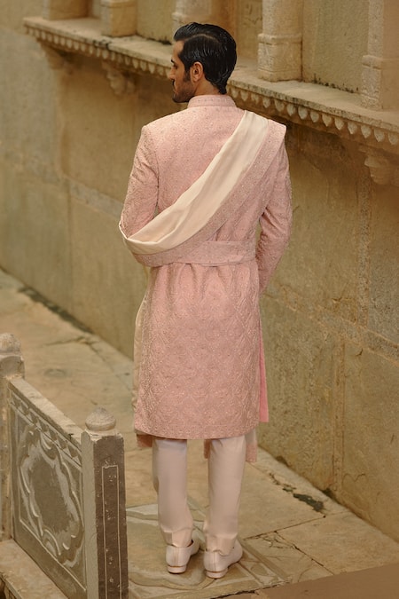 Shop_Nitika Gujral_Blush Silk, Cotton, Lycra Embroidery, Beads, Zari Motif Sherwani Set _Online_at_Aza_Fashions