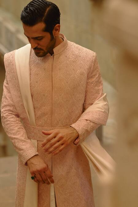 Nitika Gujral_Blush Silk, Cotton, Lycra Embroidery, Beads, Zari Motif Sherwani Set _at_Aza_Fashions