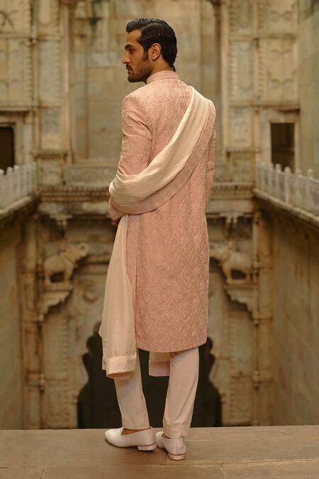 Buy_Nitika Gujral_Blush Silk, Cotton, Lycra Embroidery, Cut Work, Zari Motif Sherwani Set _Online_at_Aza_Fashions
