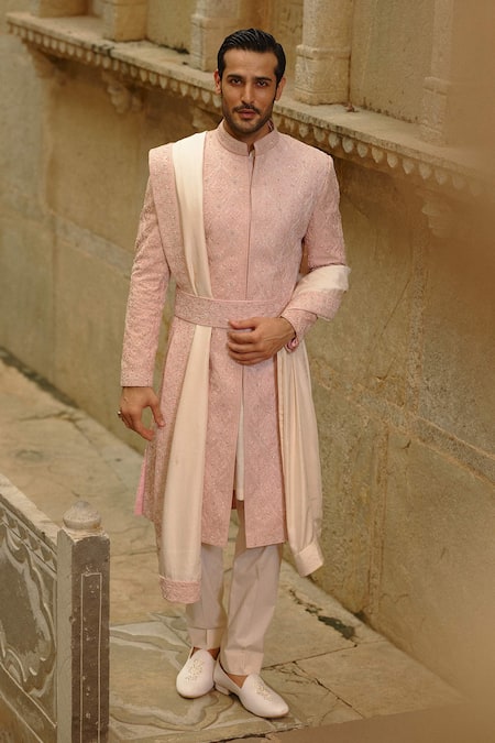 Nitika Gujral Blush Silk, Cotton, Lycra Embroidery, Cut Work, Zari Motif Sherwani Set 