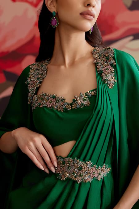 Buy Parul And Preyanka Green Crepe Beads, Zari, Embroidery Open Neck Panna Pre-draped Saree With Cape Online at Aza Fashions Buy_Parul And Preyanka_Green Crepe Beads, Zari, Embroidery Open Neck Panna Pre-draped Saree With Cape _Online_at_Aza_Fashions